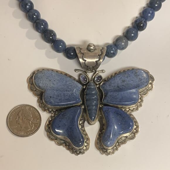 Native Artist D. Troutman Butterfly Necklace Violet Blue Beads & Amethyst Eyes - Picture 5 of 13